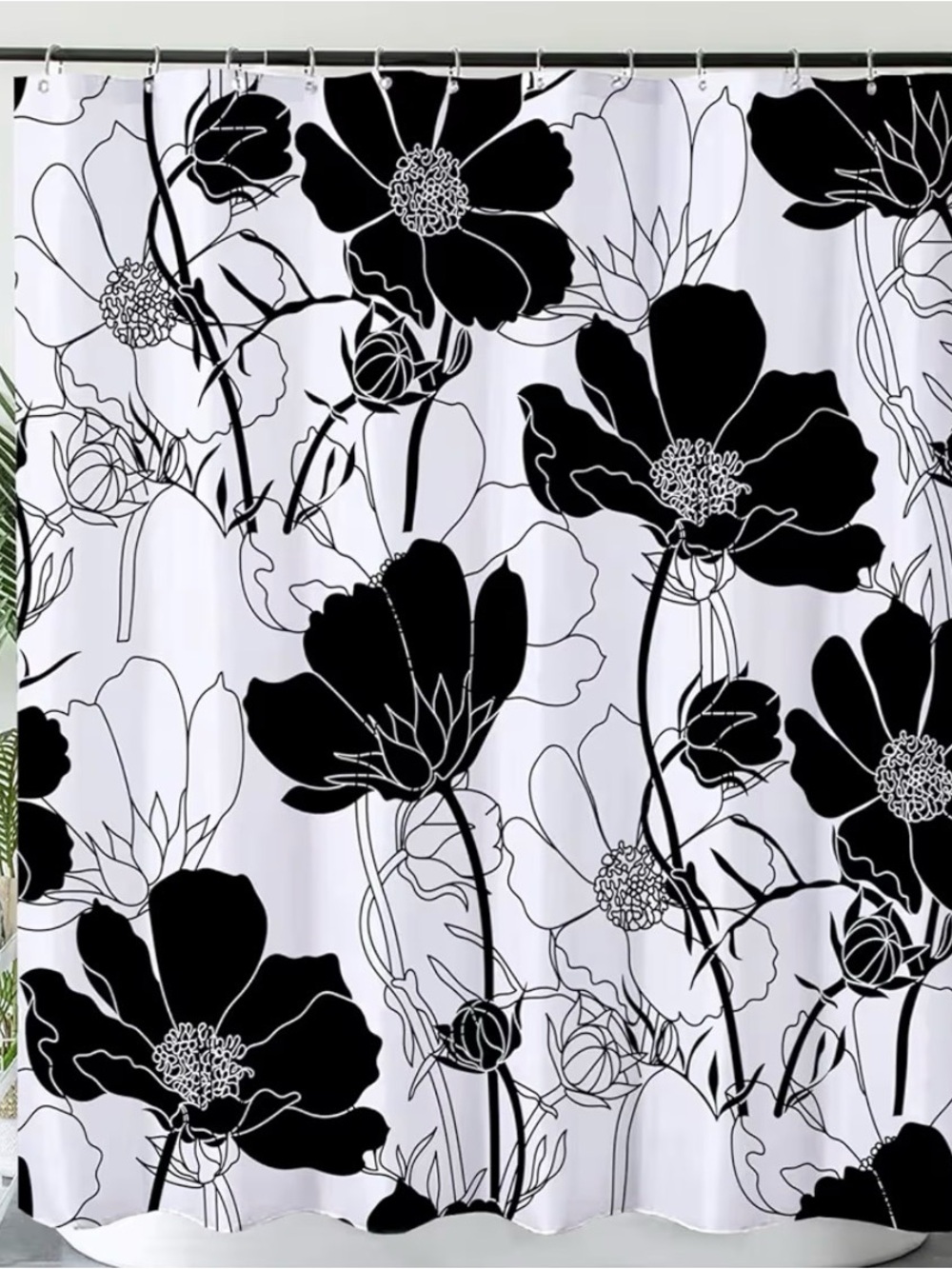 Brand New Black & White Floral Shower Curtain
